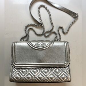 Tory Burch Metallic Silver Leather Crossbody Bag